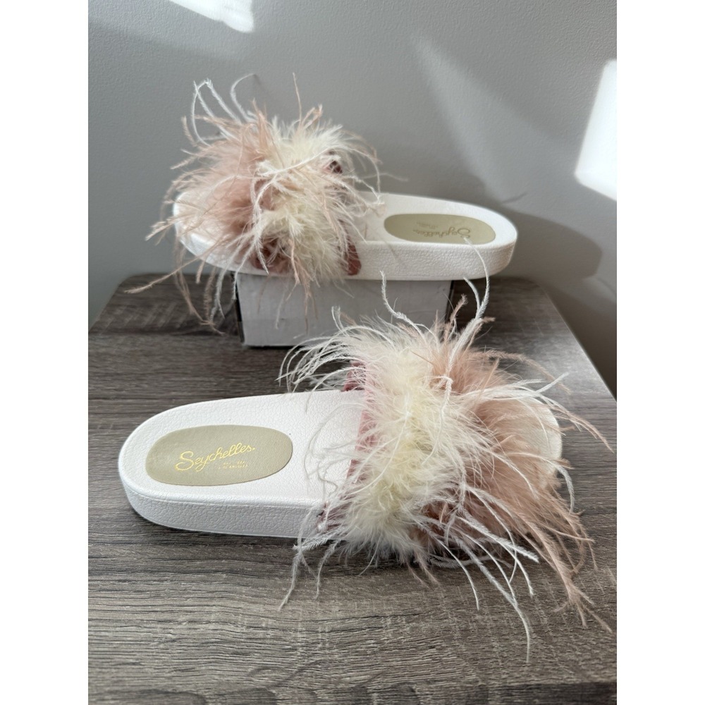 Seychelles In Your Cap Slide Sandal Sz 7 Blush Pink & White Feathers Open Toe - Picture 2 of 7